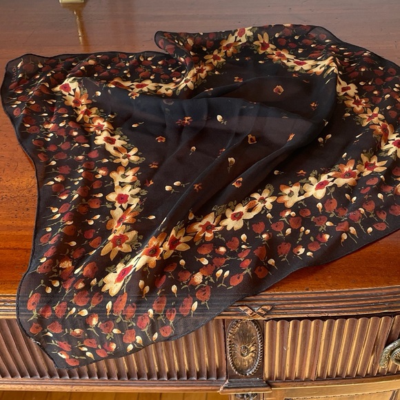 Silk Scarf - black with rust and gold floral - Picture 1 of 3